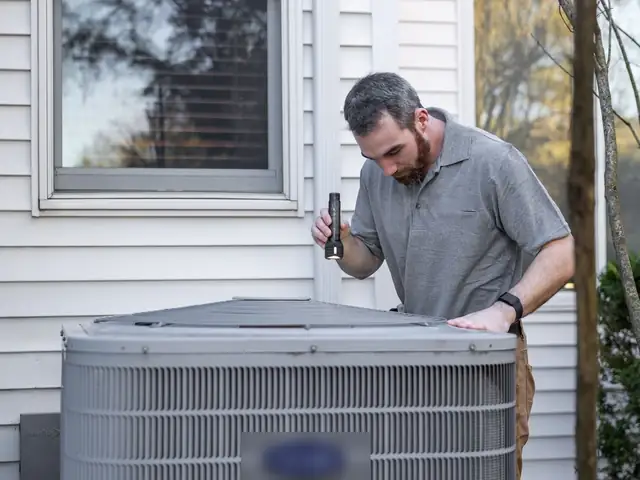 Technician inspecting a residential AC condenser beside a house