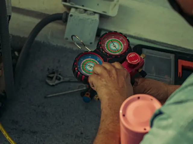 Technician reading gauges while repairing an air conditioner