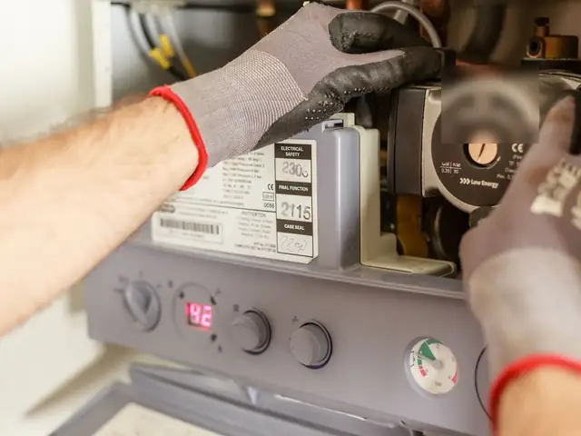 Technician pressing buttons on a furnace control panel during a repair